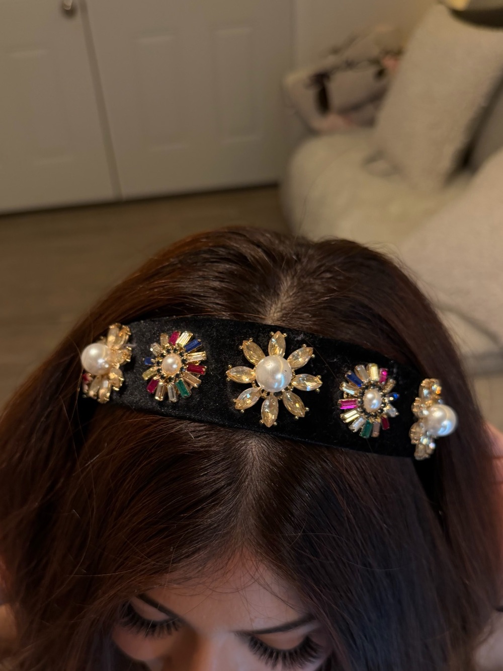Embellished Black Velvet Headband with Pearls and Multicolor Stones